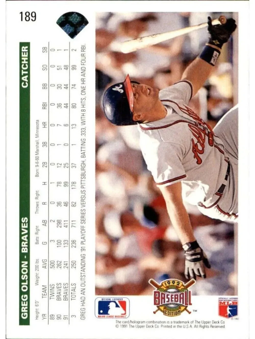 Greg Olson 1992 Upper Deck MLB #189 Baseball Card Atlanta Braves